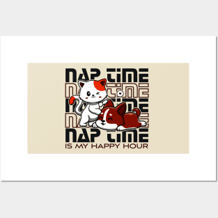 cat and dog naptime is my happy hour, Kawaii Cute kitty and puppy sleeping Posters and Art